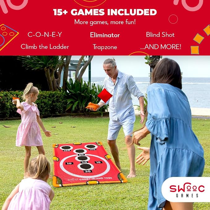 Swooc Games - Coney Island Toss™ - Arcade Style Cornhole Board Set w/Carrying Case & 15+ Games - Corn Hole Games for Adults - Kids Bean Bag Toss Game - Kids Cornhole Set w/Bags - Outdoor Yard Games