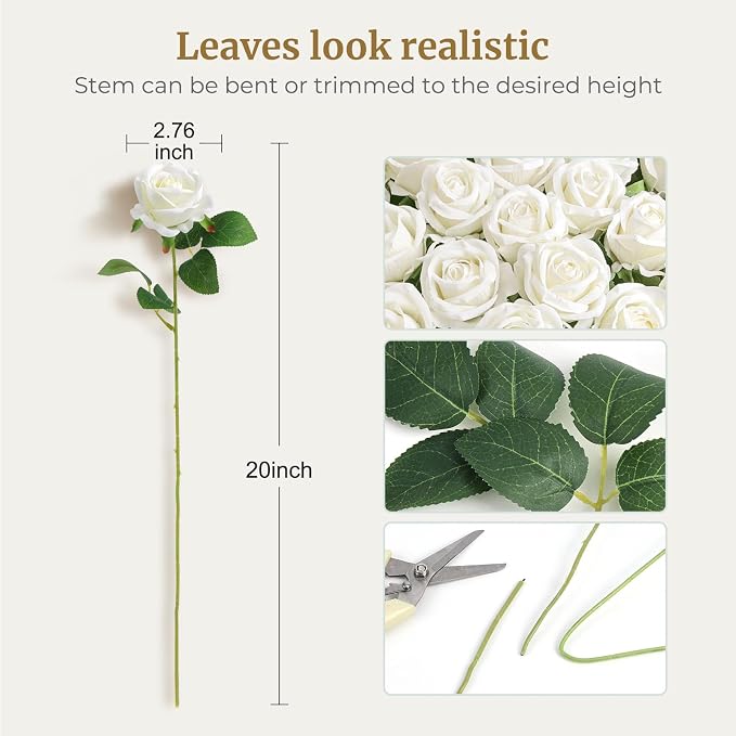 Auihiay 54PCS White Roses Artificial Flower, Fake Silk Roses, Artificial Roses Bulk for Wedding Decorations Table Centerpieces, Mother's Day Valentine's Day Home Decor