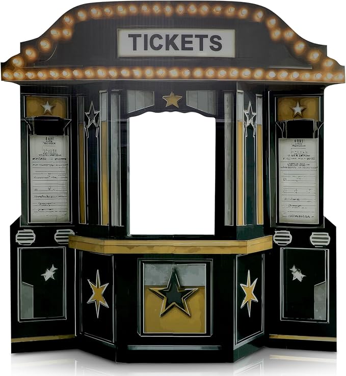 Threehoney 5.3 ft Movie Awards Night Party Decoration 3D Movie Theater Ticket Booth Cardboard Cutout Stand up Premiere Party Decorations Theater Ticket Booth Photo Backdrop for Awards Theme Decoration