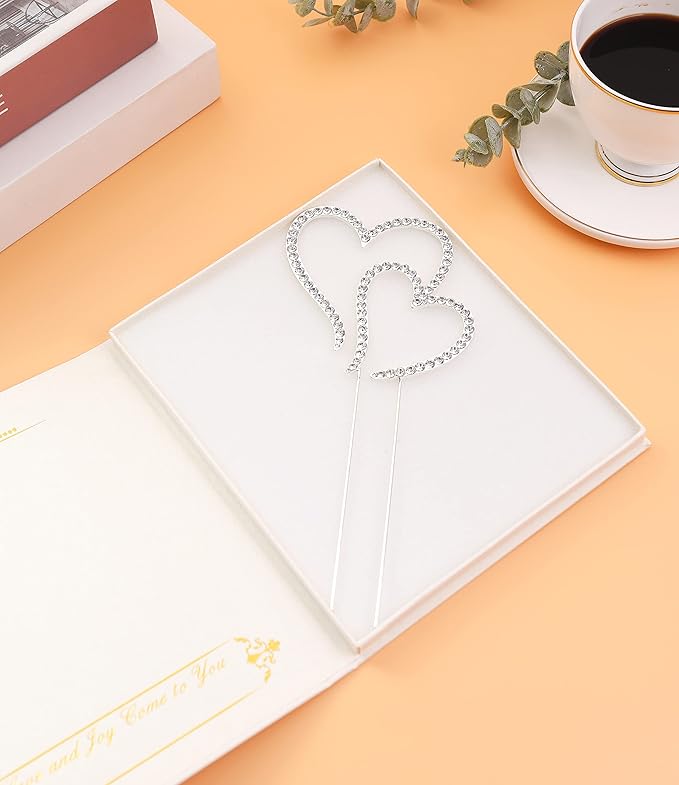 LOVENJOY Gift Boxed Two Hearts One Love Rhinestone Wedding Cake Topper Silver