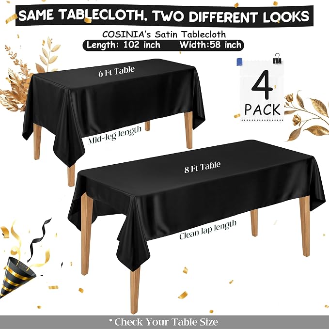 4 Pack Black Satin Tablecloth 58 x 102 Inches, Rectangular Satin Table Cloths for Wedding Reception, Birthday Party, Graduation & Holiday Banquet Tables