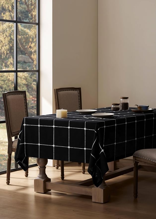 ZeeMart Grid Embroidered Hemmed Tablecloths, Black 60x104 Inch, Farmhouse Style Heavy Weight Cotton Linen Black Tablecloths, Boho Plaid Water Resistant Rectangle Table Cloth