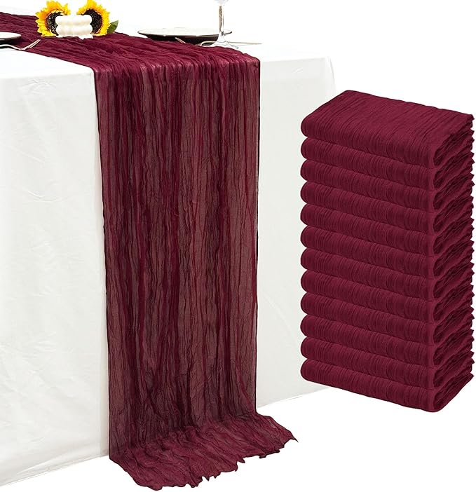 12Pack Wine Red Table Runner 10Ft Burgundy Cheesecloth Table Runners Long Cheese Cloth Table Runners for Wedding Party Bridal Shower Thanksgiving Christmas