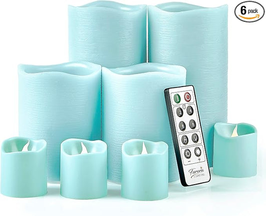 FURORA LIGHTING Blue Flameless Candles - Real Wax, Adjustable Brightness, Remote & Timer - 4 Pillars (3x4, 3x6) and 4 Votives, 8-Pack, Battery Operated