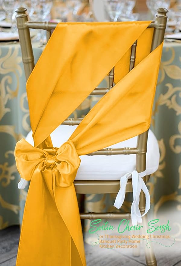 120 PCS Gold Satin Chair Sashes, Ties Bows Designed Chairs Decorative, Chair Cover Sashes for Thanksgiving Wedding Christmas Banquet Party Home Kitchen Decoration (7 x 108 inch)