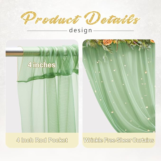 20x10ft Green Tulle Backdrop Curtain with Lights String for Parites, Sheer Photo Backdrop Curtains with Lights for Wedding Backdrop Ceremony Reception Bridal Shower Baby Shower Birthday Party