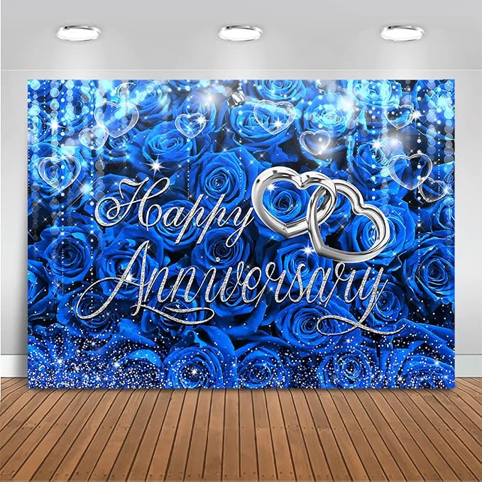 Mocsicka Happy Anniversary Backdrop Wedding Together Anniversary Party Decoration Red Rose Florals Gold Bokeh Heart Background Wedding Couple Love Party Supplies (Blue, L-(96x72 inch))