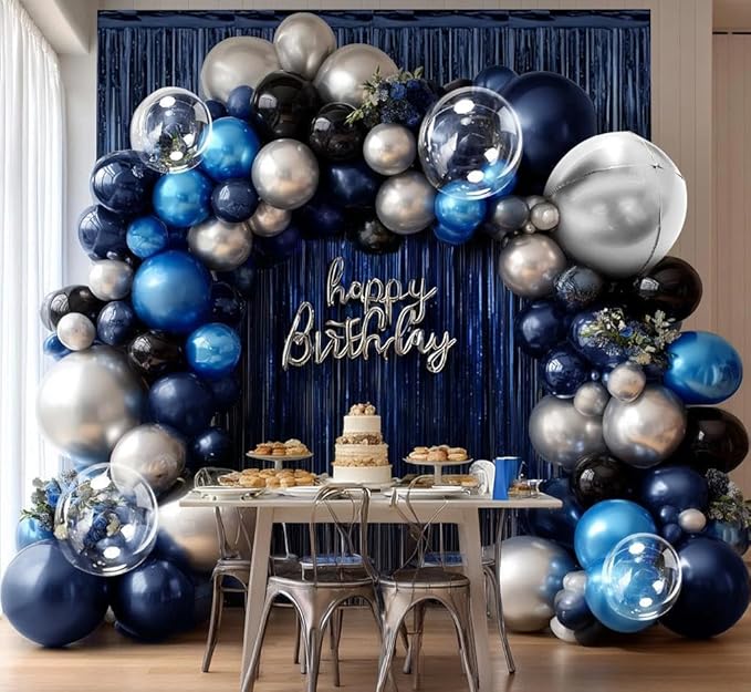 Navy Blue Black Balloon Arch Double Stuffed Dark Black Blue Silver Balloon Garland with Fringe Curtain Foil Balloons for Men Father's Birthday Baby Shower Graduation Anniversary Wedding Party Decor