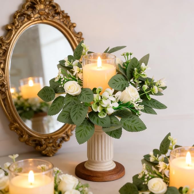 4 Pcs White Rose Candle Rings, 9 Inch Small Eucalyptus Wreath with White Roses & Baby Breath, Artificial Floral Candle Wreath Rings for Pillar Candle Wedding Table Centerpieces Home Decor