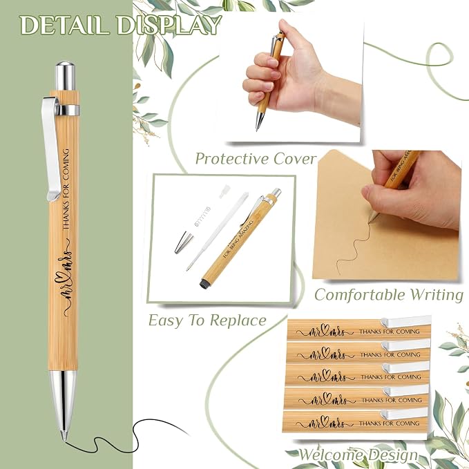 Fumete 100 Pieces Bamboo Wedding Pens Bulk Ballpoint Black Ink Bridal Shower Pens for Wedding Bridal Shower Guest Book Game Gifts Proposal Bachelor Party Favors