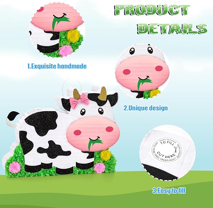 WERNNSAI Dairy Cow Piñata - Farm Animal Party Game Cow Piñata for Girls Birthday Party Decorations Kids Happy Party Favor Supplies with Bat Blindfold, Farm Theme Candy Toys Filler