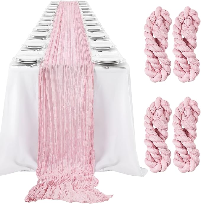 LemonRoad 4 Pcs 20ft Cheesecloth Table Runners Extra Long Boho Rustic Gauze Fabric Cheese Cloth Runner for Wedding Decorations Baby Shower Party Supplies Boho Table Bridal Shower Decor (Dusty Pink)
