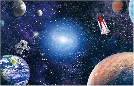 CGXINS Polyester 9x6ft Outer Space Astronaut Themed Baby Kids Childern Birthday Party Photography Backdrop Baby Shower Universe Galaxy Stars Newborn Photo Background Outer Space Blue Party Backdrop