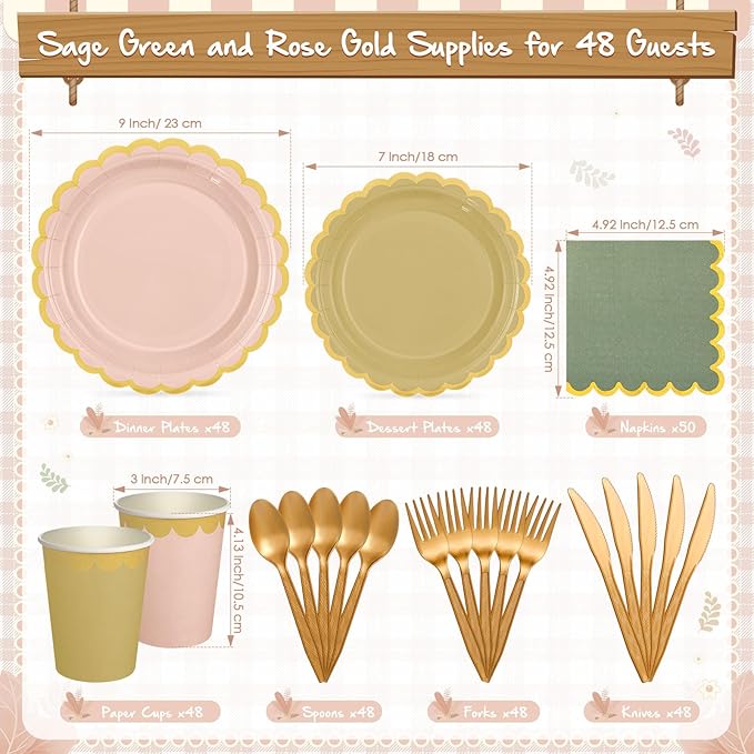 Mimorou 338 Pcs Sage Green and Pink Plates and Napkins Party Supplies Green and Rose Gold Tableware Include Scalloped Plates Paper Napkin Cup Spoon Fork Knife for Baby Shower, Wedding, Birthday