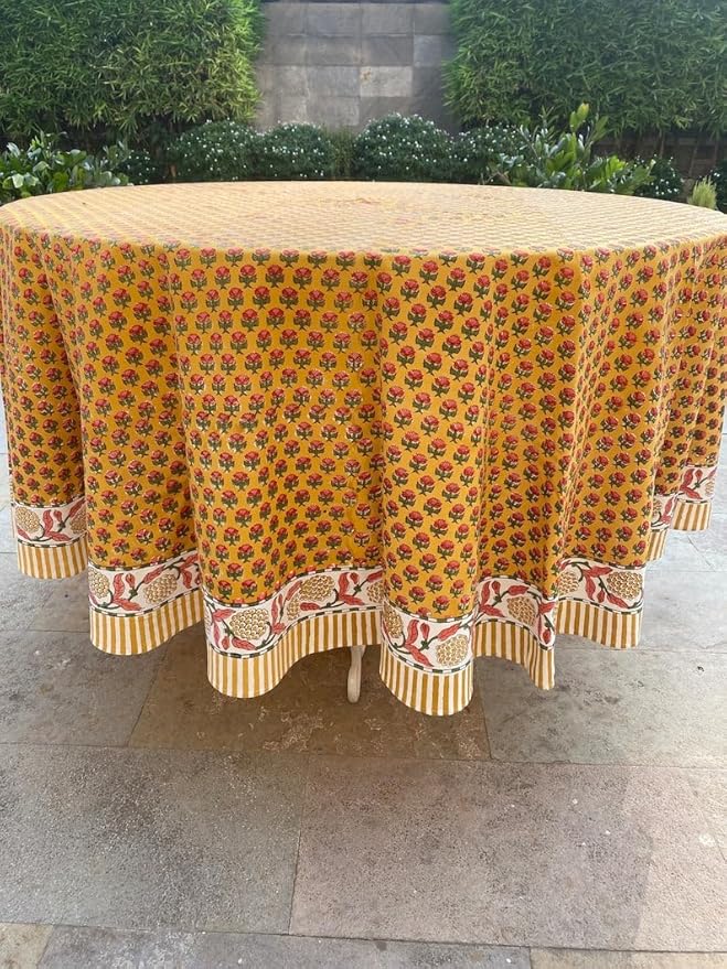 Ridhi Round Tablecloth Hand Block Print 100% Cotton Reusable Mustard Yellow 132 Inch Table Cover Decorative Everyday Use for Dining, Home, Party, Wedding, Farmhouse Gift for Spring, Mother's Day