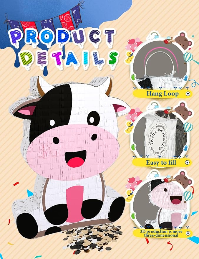 Cute Cow Piñata for Birthday Girls and Boys, Pink Cow Piñata Includes 12pcs Paper Glasses, Blindfold, Stick, and Confetti, Perfect Farm Animal Themed Party Decorations (16 x 13 x 3.5 Inch)