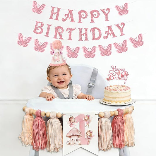 Pink Butterfly Fairy 1st Birthday Decorations for Girl- Fairy First Birthday High Chair Banner，Pre-strung Birthday Fairys Banner Mushroom Garland Decor First Birthday Outfit Party Decorations