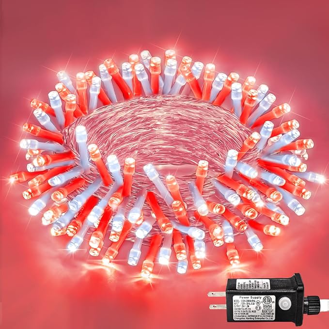 120 LED Red and White Christmas Lights Outdoor, 40 FT Christmas String Lights with 8 Modes Waterproof, Plug in Clear Wire Twinkle Fairy Lights for Indoor Tree Party Holiday Decorations