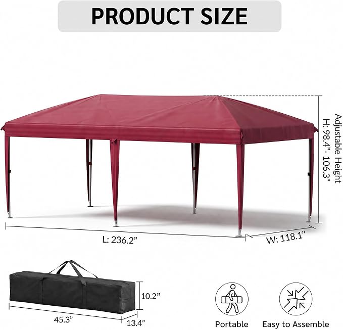 10x20 FT Portable Pop Up Canopy Tent with Sandbags, Adjustable Height Instant Gazebo Without Sidewalls,Waterproof Outdoor Canopy for Camping, Parties, Vendor Events (RED, 3m × 6m Without sidewalls)