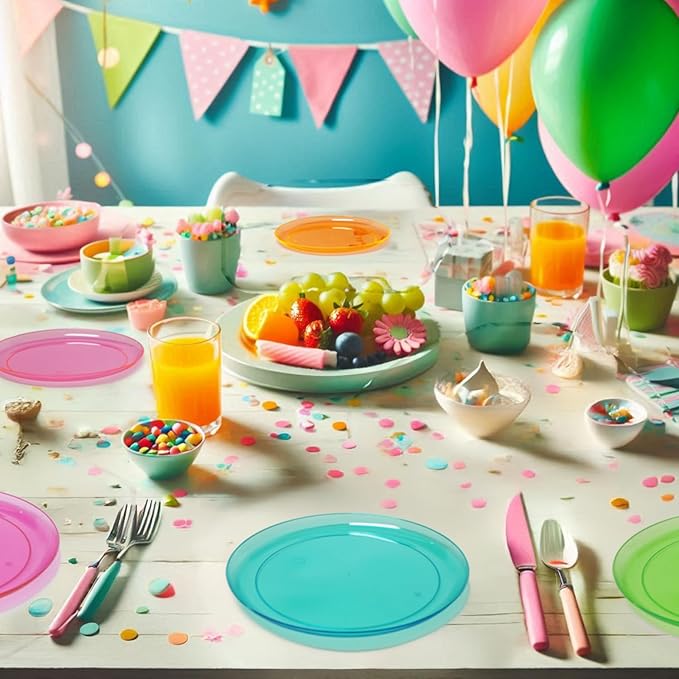 Party Essentials Hard Plastic 7.5-Inch Round Party/Salad Plates, Assorted Neon, 40 Count