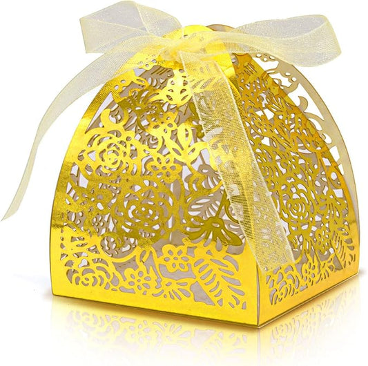 KPOSIYA Pack of 100 Laser Cut Rose Candy Boxes, Favor Boxes 2.5"x 2.5"x 3.1", Gift Boxes Bridal Shower Anniverary Birthday Party Wedding Favor (100,Metallic Gold)