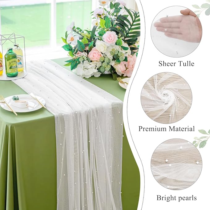 Pearl Table Runner 29 x 120 Inch Tulle Fabric Lace Table Runners for Bridal Shower Birthday Party Wedding Arch Dessert Table Decor(1 Pack, White)