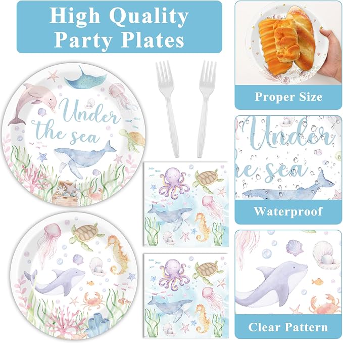 96 Pcs Under the Sea Party Decorations Ocean Plates and Napkins Sea Turtle Theme Tableware Set Decor Party Supplies for Birthday Wedding Baby Shower Sea Animal Party Favors for 24 Guests