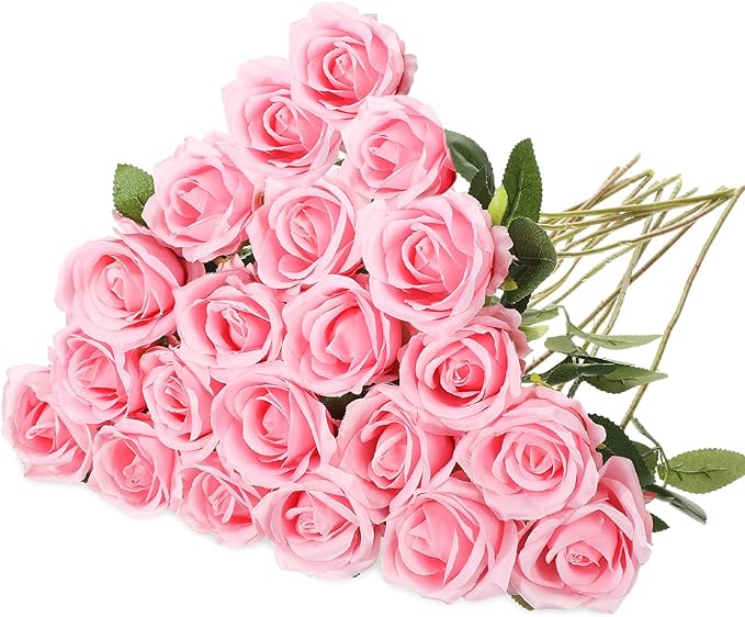 Hotop 20 Pcs Artificial Rose Flowers with Long Stem, Real Lifelike Silk Realistic Plastic Bouquet Roses Bulk for Home Decor Bridal Wedding Party Table Centerpieces Decorations(Pink)