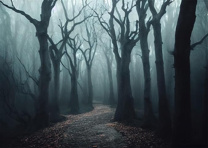 Haunted Mist Forest Backdrop 12x10ft Fabric Creepy Scene Dark Pathway Scary Trees Spooky Foggy Woods Background for Halloween Birthday Party Decorations Witch Photo Booth Studio Props