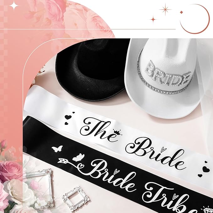 Newcotte 14 Pcs Bride Cowgirl Hat with Veil and Satin Sash Bachelorette Cowboy Hats Set for Wedding Party Bridal Shower Decor