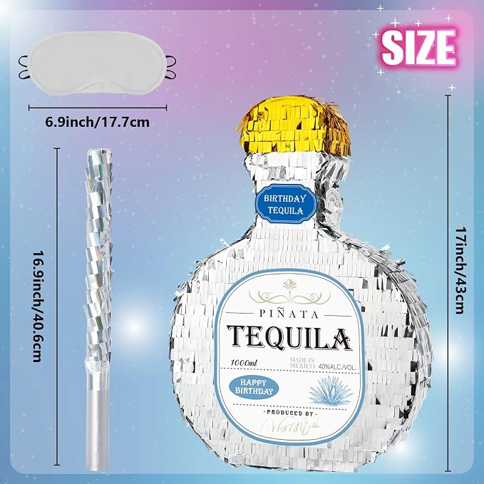 WERNNSAI Tequila Bottle Piñata - Disco Party Decorations for Adults Silver Patron Tequila Piñata with Blindfold for Bachelor Birthday Party Supplies 11.7” x 16.5”