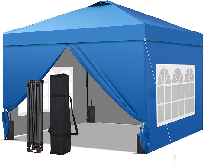 GDY 10x10 Pop Up Canopy Tent with 4 Sidewalls, Easy Set up with One Push Lift Outdoor Silver Coated Beach Gazebos, Carpas with 4 Sandbags, for Events, Parties, and Camping, Blue.