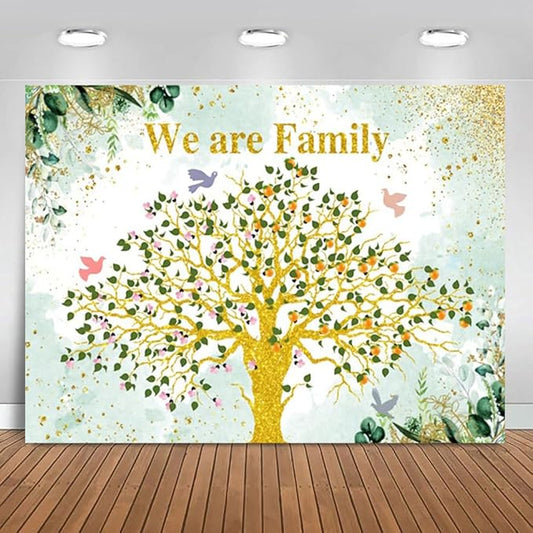 10x8ft Family Reunion Backdrop We are Family Golden Glitter Tree Photography Background Birds Green Eucalyptus Leaves Home Party Decoration Supplies Welcome Banner Photo Shoot Props