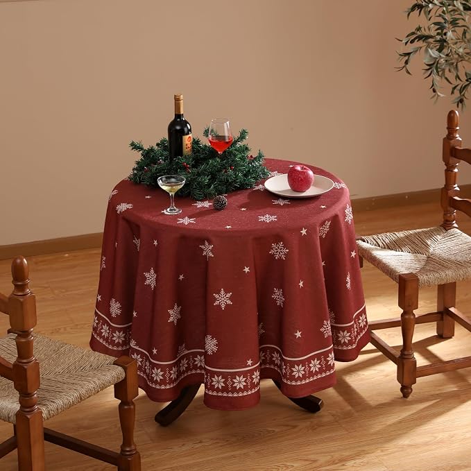 ISAENNE Designer Vintage Linen Round Tablecloth,Diameter 67"-Carol C | French Elegant Table Cloth for Round Table,Red,Durable,Heavyweight,Dining Room,Kitchen,Tea Party,Thanksgiving,Christmas