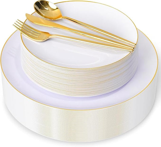 I00000 150PCS White and Gold Plastic Plates with Disposable Silverware for 30 Guests,Nice Disposable Plates,White Plastic Plates Set Include 30 Dinner Plate,30 Dessert Plate,90 Gold Cutlery for Party