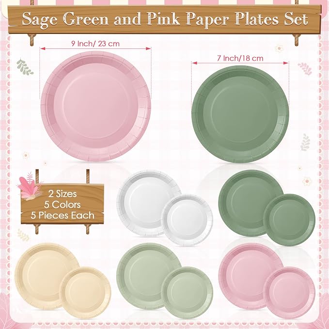 Mimorou 177 Pcs Sage Green and Pink Plates and Napkins Set Serves 25 Guests Gradient Green and Pink Tablecloth Plates Cup and Napkins Tableware for Birthday Wedding Bridal Baby Shower Party Supplies