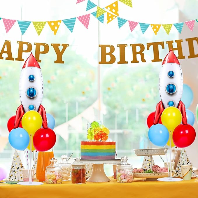 Toy Inspired Themed Party Story Balloons Stand Kit 2 Sets With 2 Rocket Foil Balloons Toy Themed Red Blue Yellow Balloon Centerpiece for Tables for Boys Birthday Baby Shower Cartoon Party Decorations