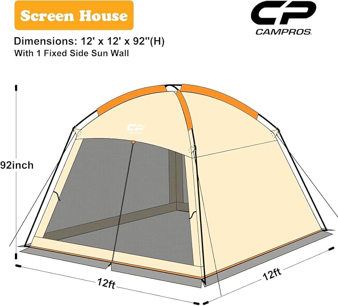 CAMPROS CP Screen House Room with 1 Side Wind/Sun Panel Canopy Tent Camping Tent Screen Shelter Gazebos for Patios Outdoor Camping Activities, 12'X12'X92in(H) - Beige