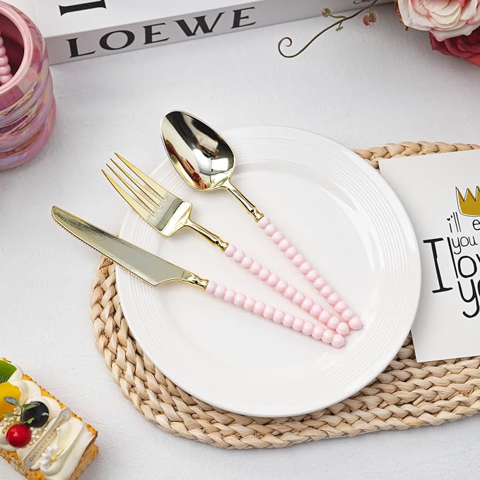 150 Pcs Gold Plastic Silverware,Gold Plastic Utensils with Pink Beads Handle,Fancy Disposable Cutlery Set Include 50 Forks 50 Knives 50 Spoons for Party & Wedding