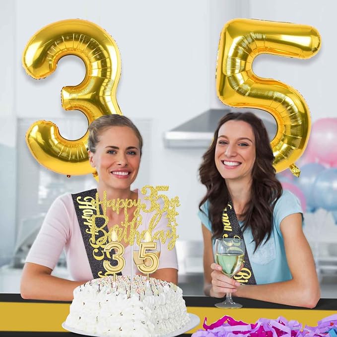 35th Birthday Decorations for Men Women with 35th Birthday Banner, Black and Gold Table Cloth, Number Balloons, Large Sash, Cake Topper and Candles