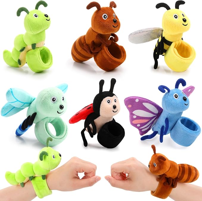 Gemscream 6 Pcs Stuffed Animal Slap Bracelets for Kids, 8 Inch Back to School Small Classroom Prizes Toy, Wrist Snap Bracelets Birthday Gifts for Boys Girls Pet Adoption Party Favors(Insect Animals)