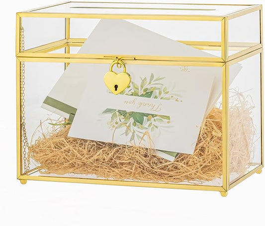 NCYP Small 9.8" x 5.6" x 7.7" Glass Wedding Card Box with Slot and Lock - Birthday Party Reception, Indoor Tabletop Centerpiece, Gold Decoration - Slot Length 7.1 Inches (Glass Box Only)