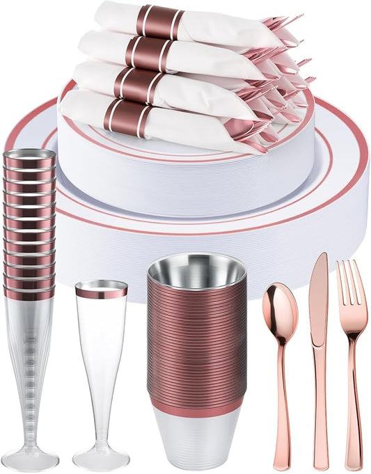 Goodluck 320PCS Rose Gold Disposable Plastic Dinnerware Set for 40Guests, Include 40 Dinner Plates, 40 Dessert Plates, 40 Napkins with Silverware, 40 Cups, 40 Champagne Glasses, for Christmas, Wedding