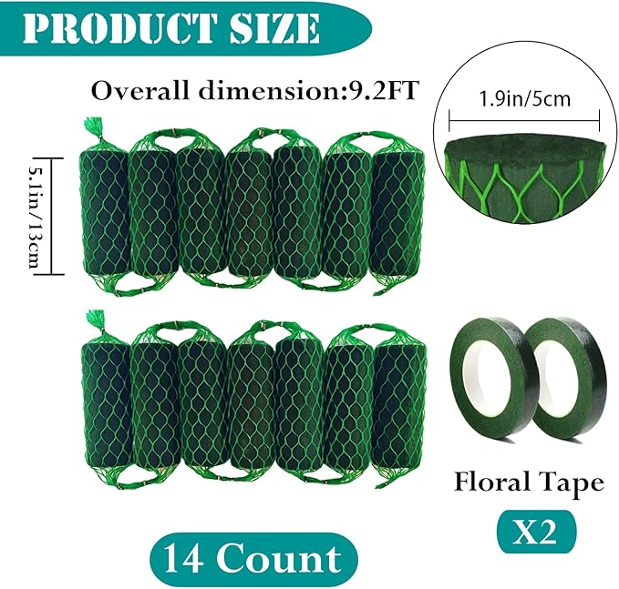 14Pcs Floral Foam Garland 9.2Ft Sponge Blocks Kit, Absorption Flower Holder Arch Door for Wet Dry Fresh Flowers Arrangement for Wedding Garden Home Decor (Floral Tape x 2pcs)