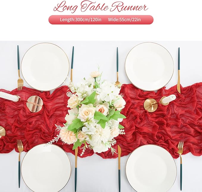 10 Pack Red Cheesecloth Table Runner 10FT Boho Romantic Gauze Table Runner 20 x 120 Inch Rustic Sheer Runner for Wedding Party Bridal Shower Thanksgiving Christmas Decoration