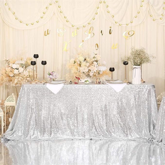 Eternal Beauty Silver Tablecloth, 60x120 Inch Sequin Rectangle Glitter Table Cover for Cake Dessert Exhibition Party Birthday Events