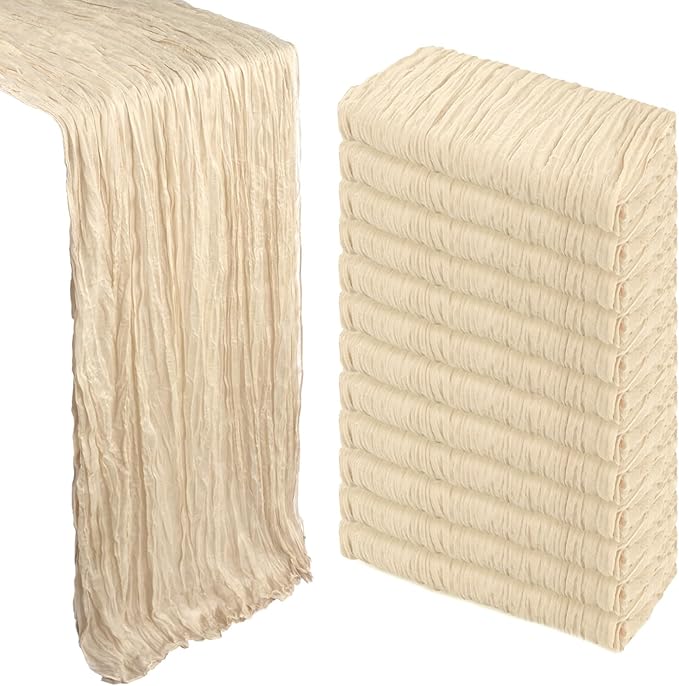 12 Pack Beige Cheesecloth Table Runner 10Ft Spring Gauze Cheese Cloth Table Runner 35x120 Inch Boho Sheer Rustic Fabric for Party Decor Baby Shower Wedding Holiday Decorations