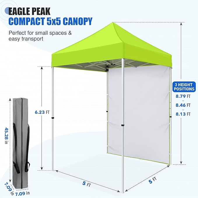 EAGLE PEAK Pop up Canopy 5x5, Outdoor Portable Canopy Tent with One Removable Sunwall, Carry Bag Included, Neon Green