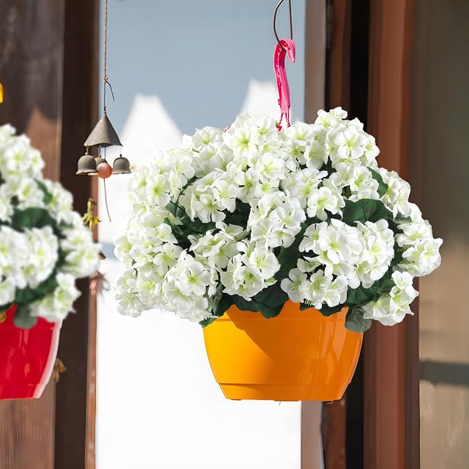 Hananona 12 Pcs Artificial Geranium Flowers for Outdoors Geranium White Silk Flowers Outdoor UV Resistant Garden Plants Faux Flowers for Home Kitchen Table Centerpieces Decor (12, White)