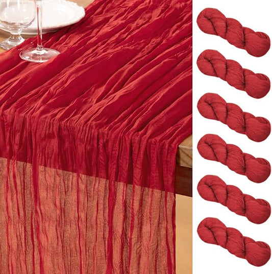 DeZerlor Red Cheesecloth Table Runner 6 Pack Spring Easter Table Runners Boho Gauze 120 Inches Red Cheese Cloth Table Decor for Wedding Bridal Baby Shower Parties